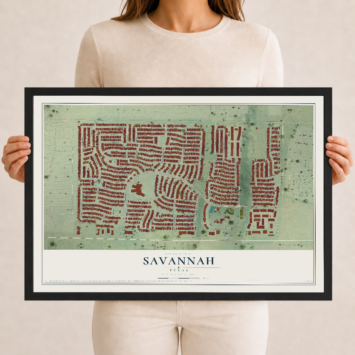 Map of Savannah, Texas, 12 x 18 inch print in a black wood frame