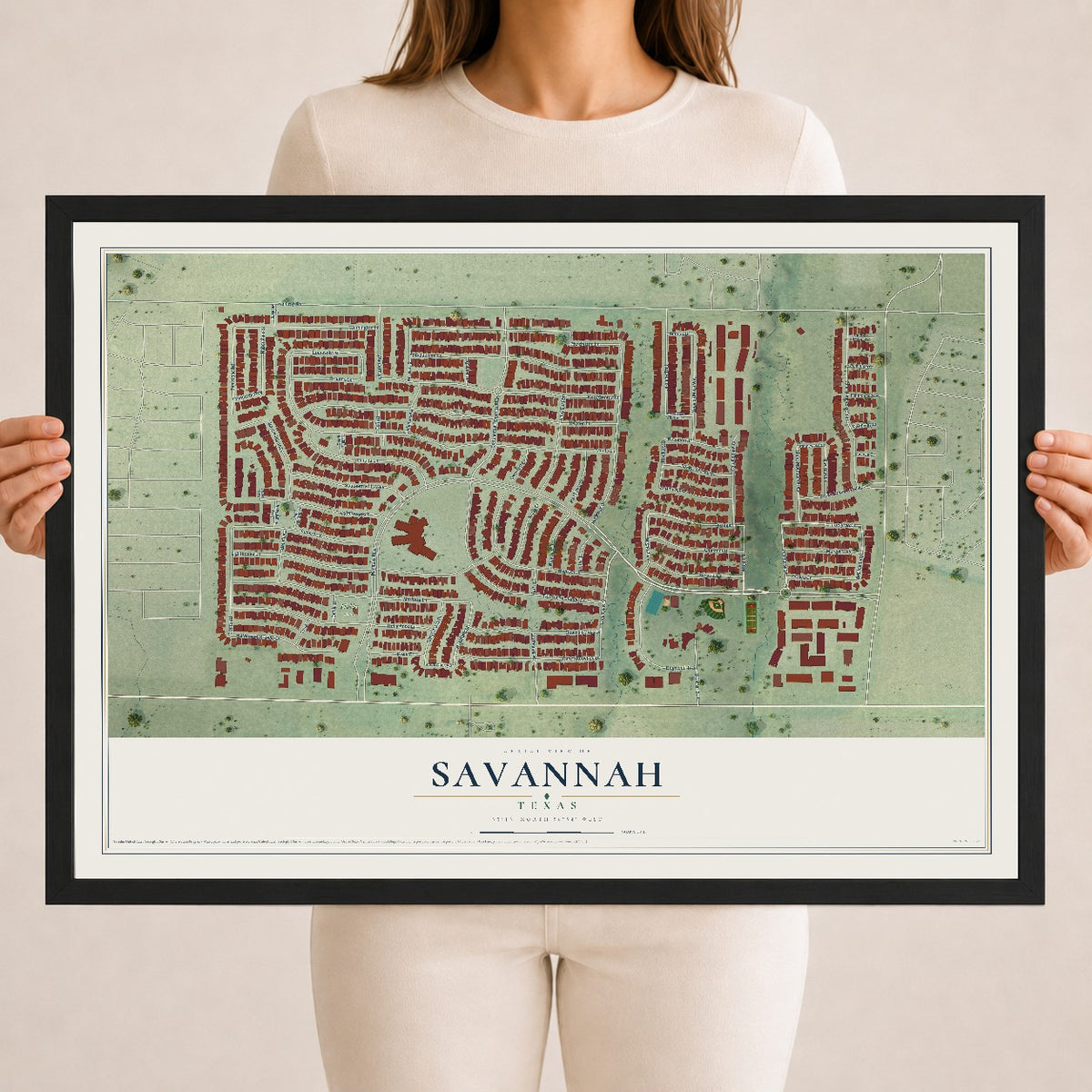 Map of Savannah, Texas, 18 x 24 inch print in a black wood frame