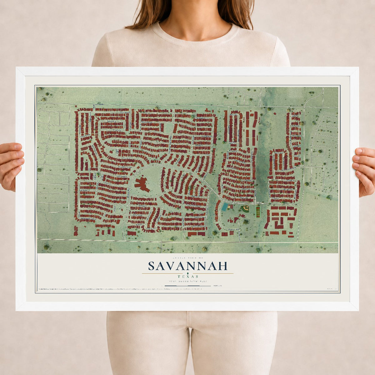 Map of Savannah, Texas, 18 x 24 inch print in a white wood frame