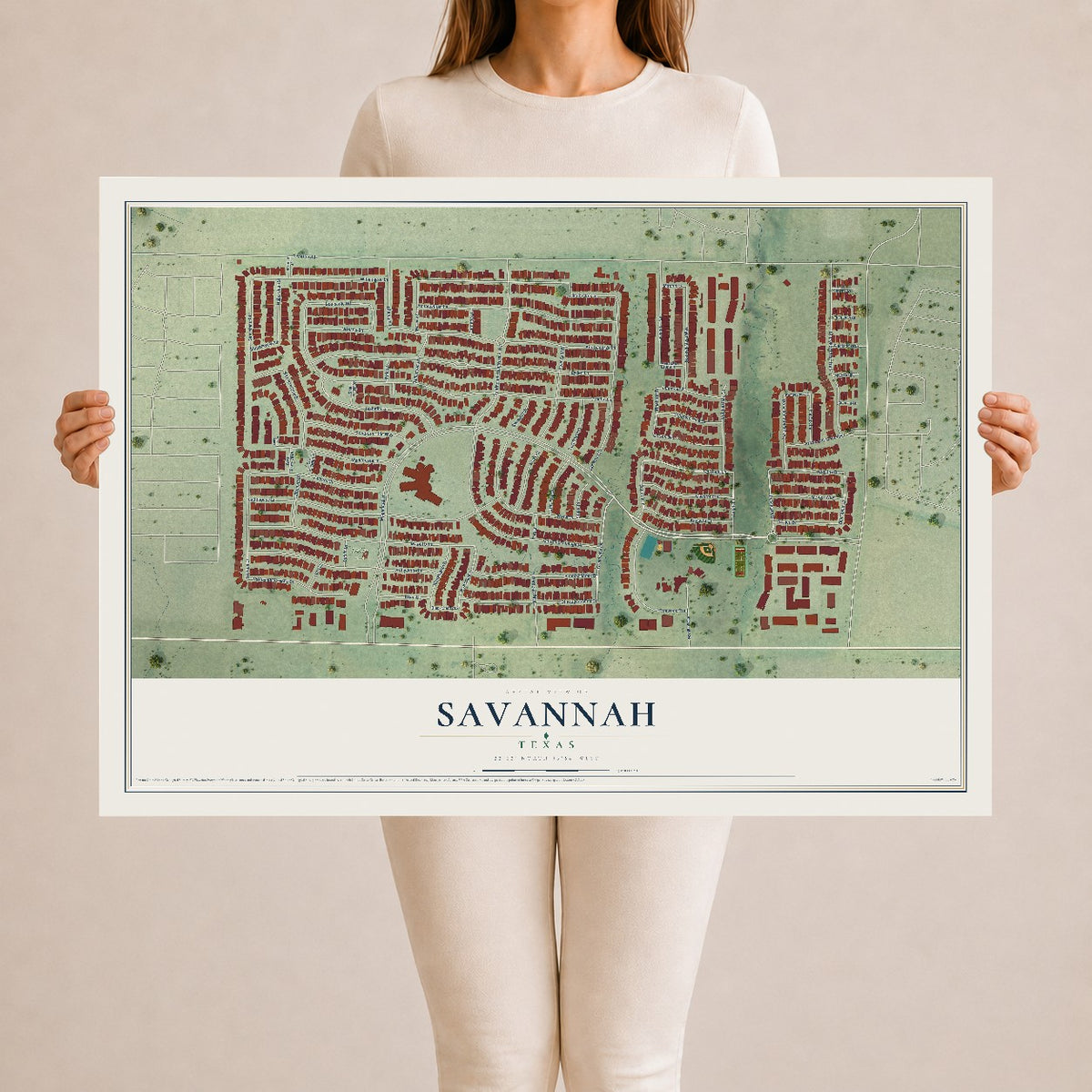Map of Savannah, Texas, 24 x 36 inch unframed archival matte print