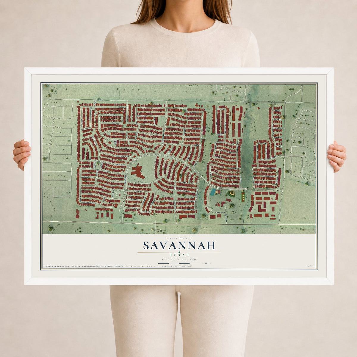 Map of Savannah, Texas, 24 x 36 inch print in a white wood frame