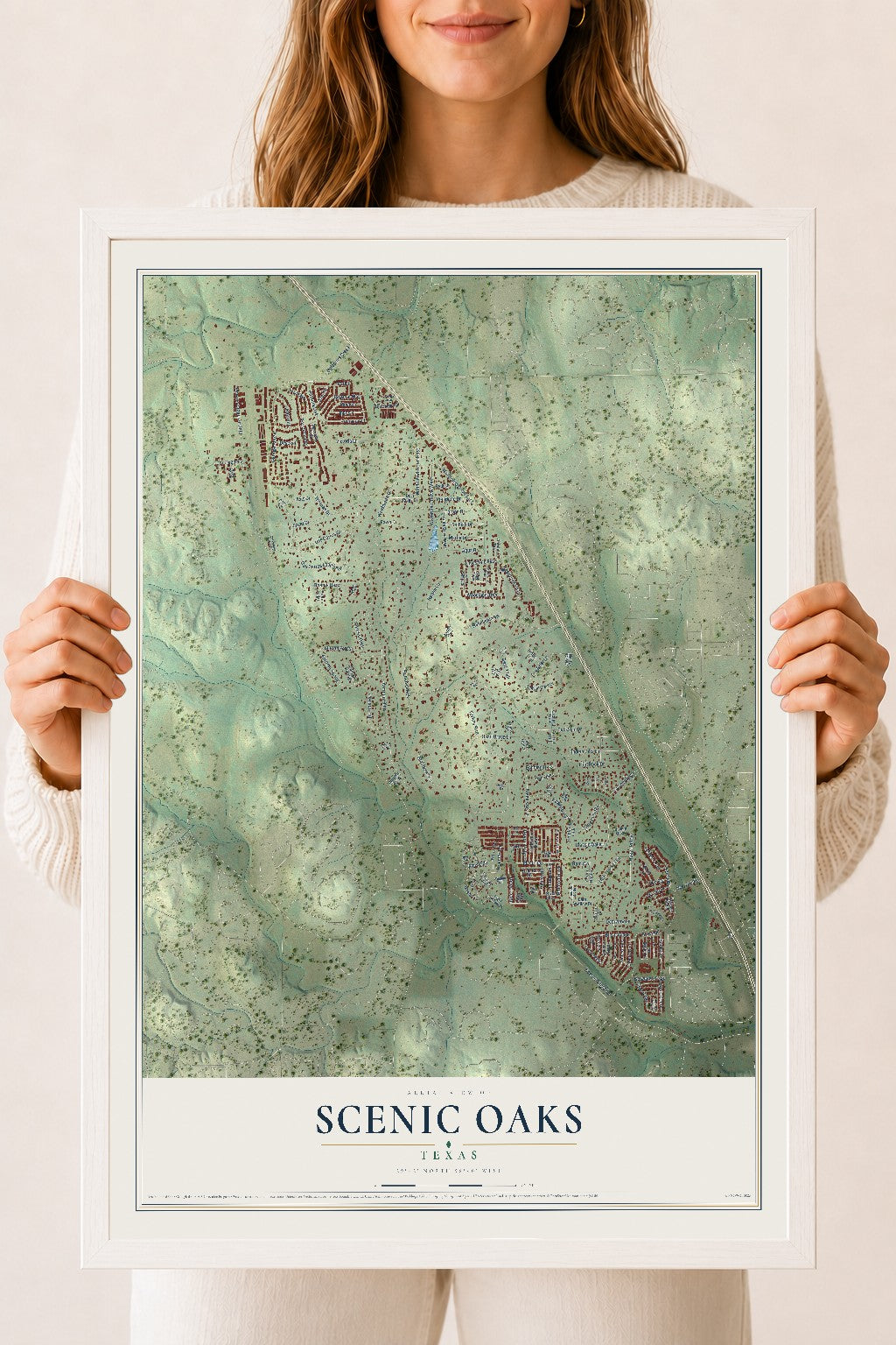 Map of Scenic Oaks, Texas, 18 x 24 inch print in a white wood frame
