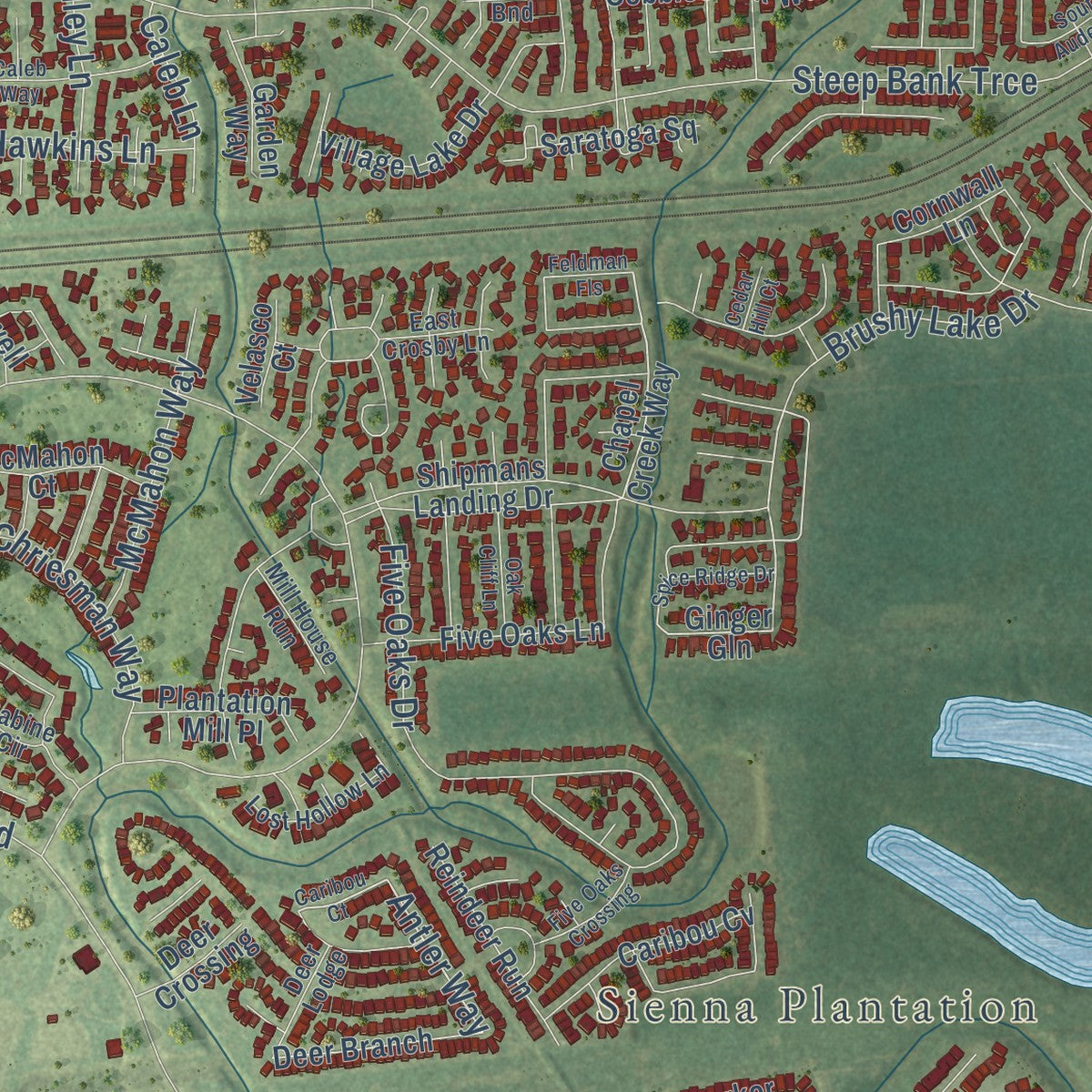 Second close-up of the map of Sienna, Texas print showing more streets and buildings