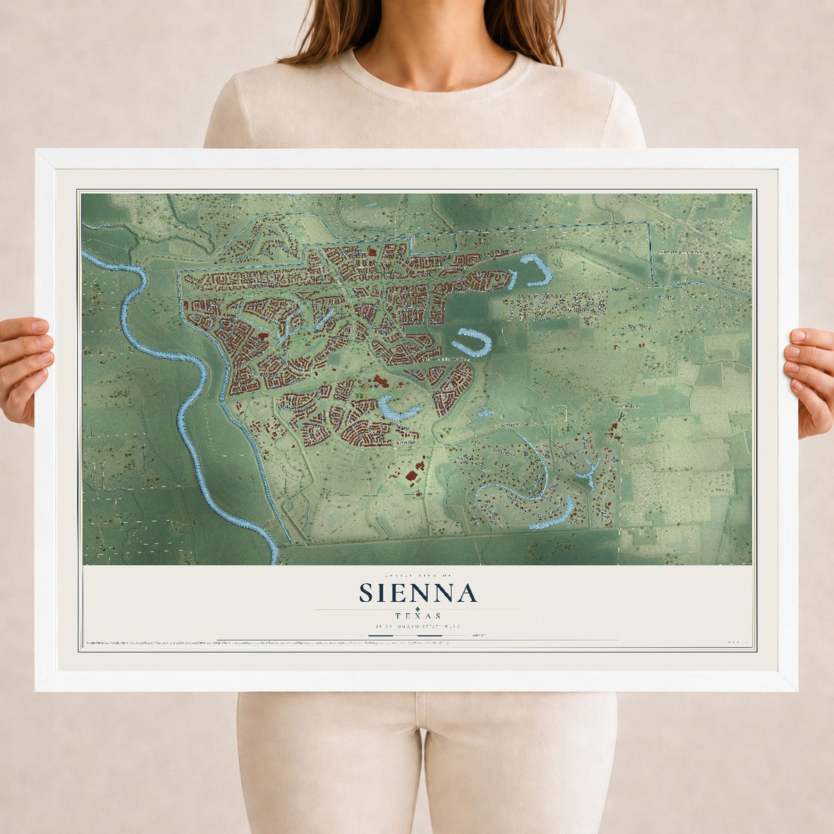 Map of Sienna, Texas, 18 x 24 inch print in a white wood frame