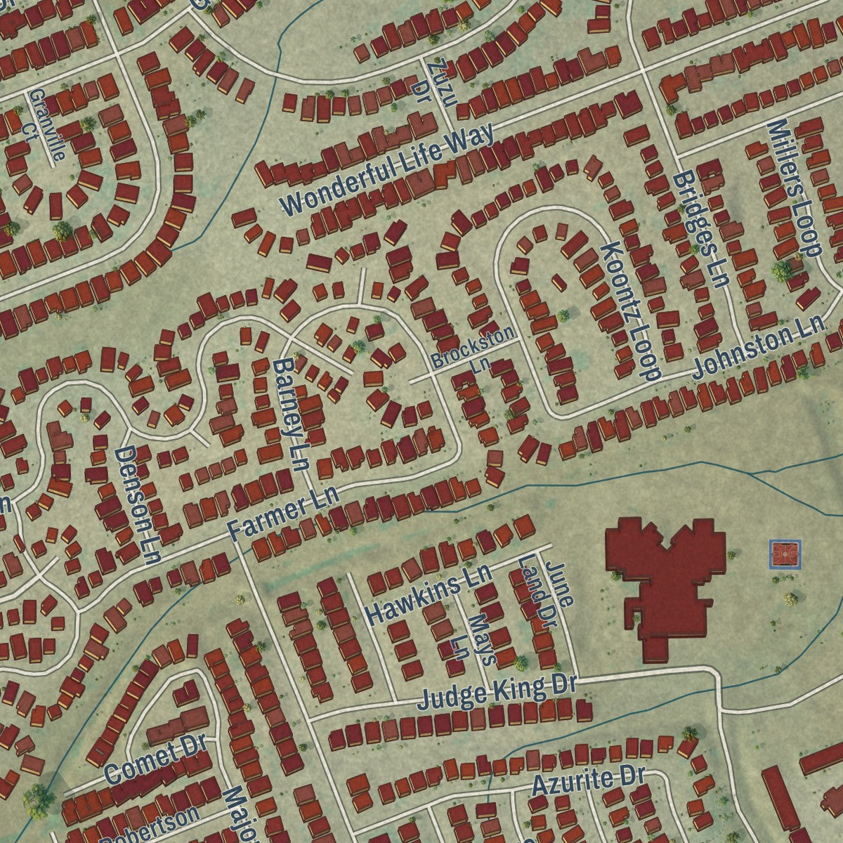 Second close-up of the map of Sonterra, Texas print showing more streets and buildings