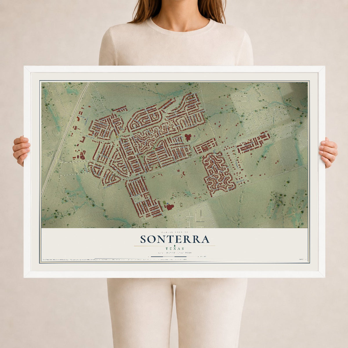 Map of Sonterra, Texas, 24 x 36 inch print in a white wood frame