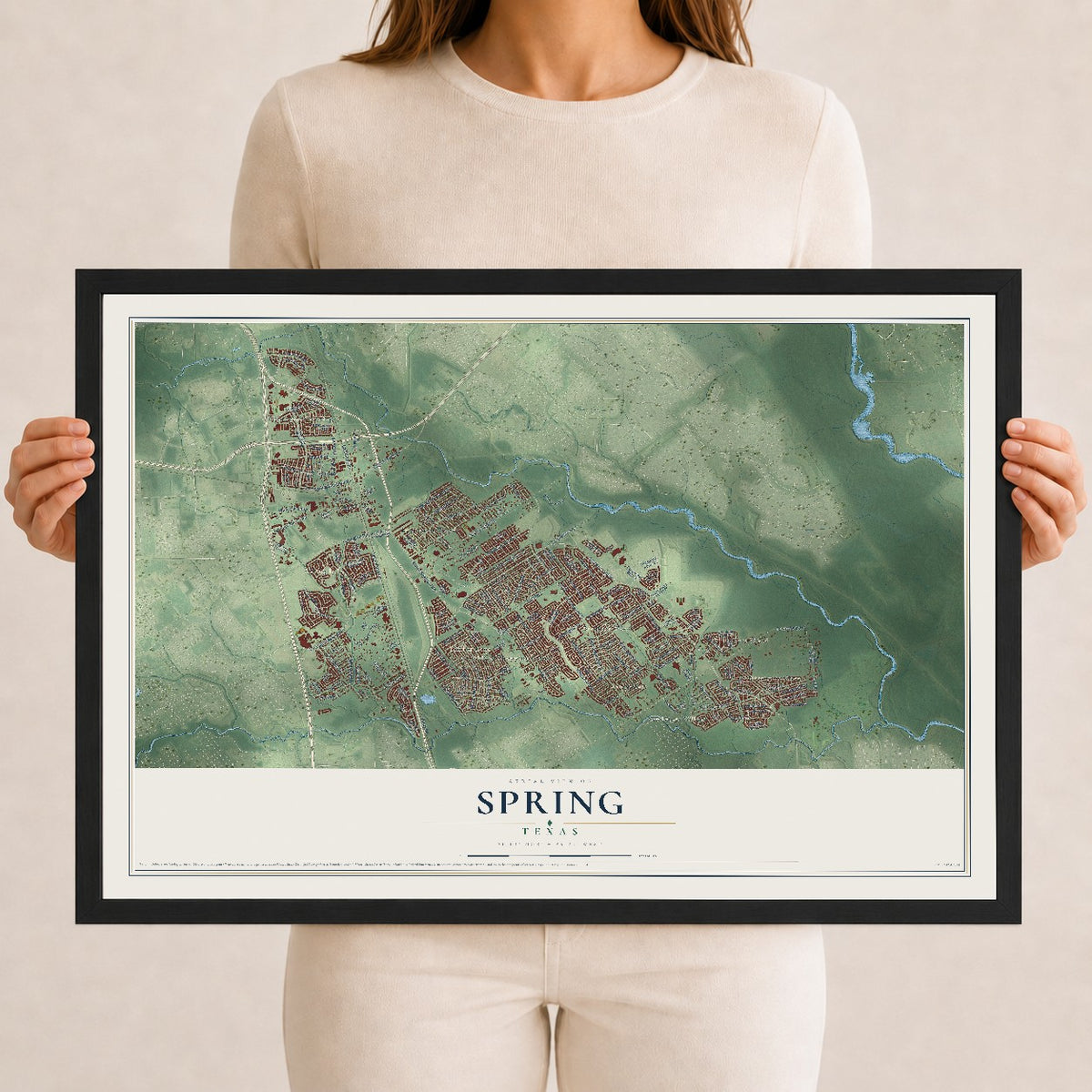 Map of Spring, Texas, 12 x 18 inch print in a black wood frame