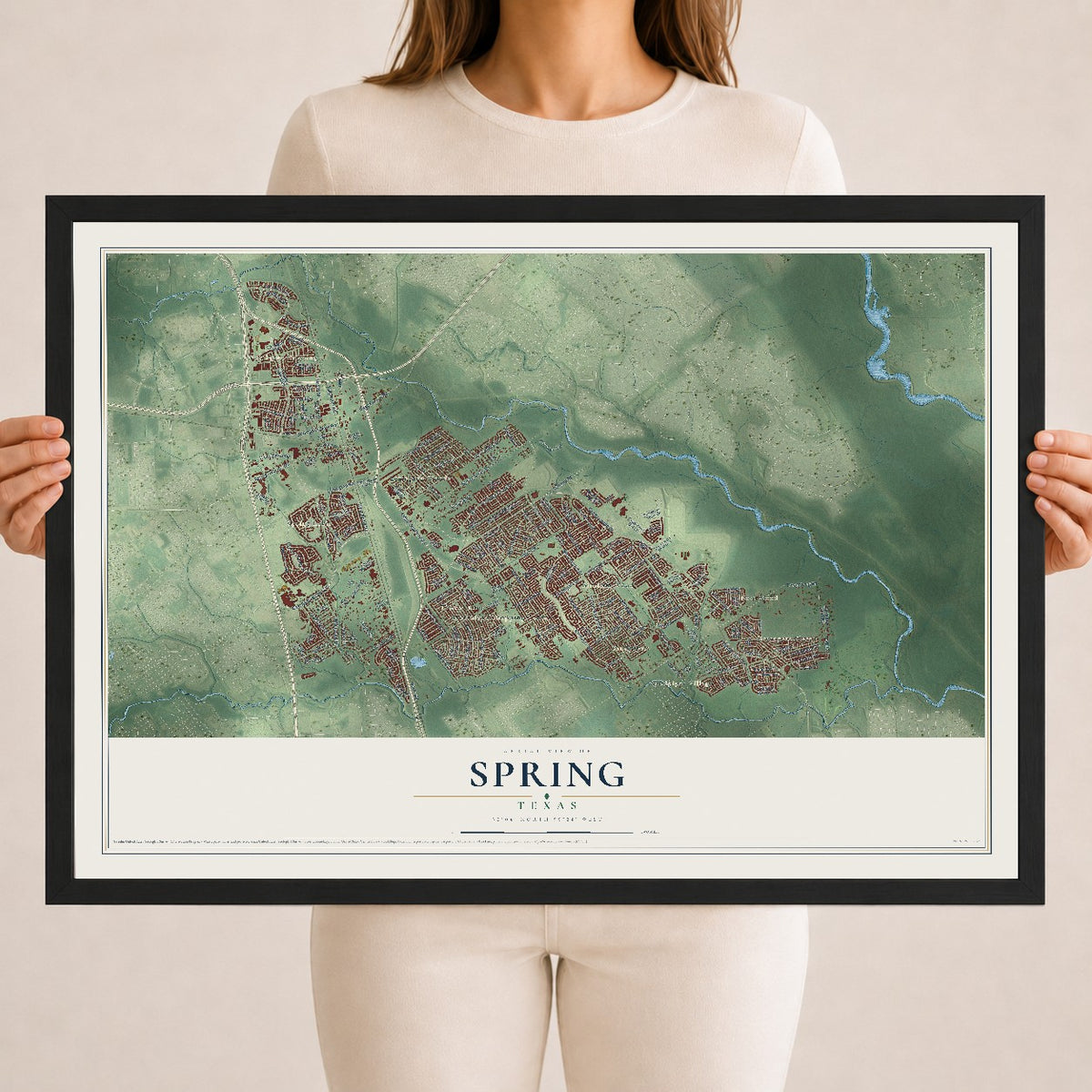 Map of Spring, Texas, 18 x 24 inch print in a black wood frame