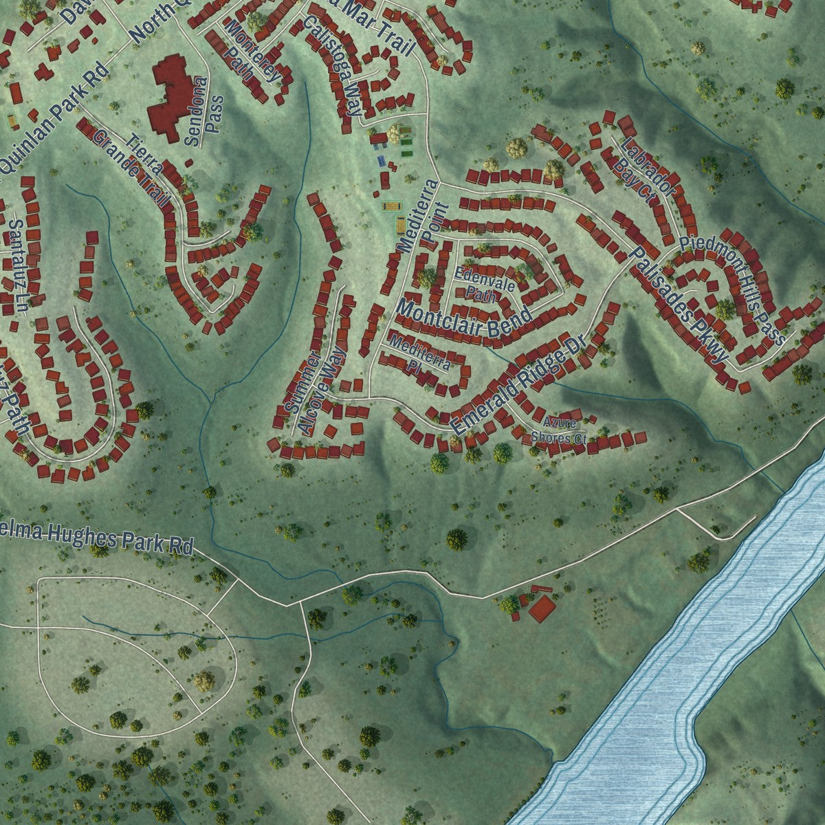 Second close-up of the map of Steiner Ranch, Texas print showing more streets and buildings