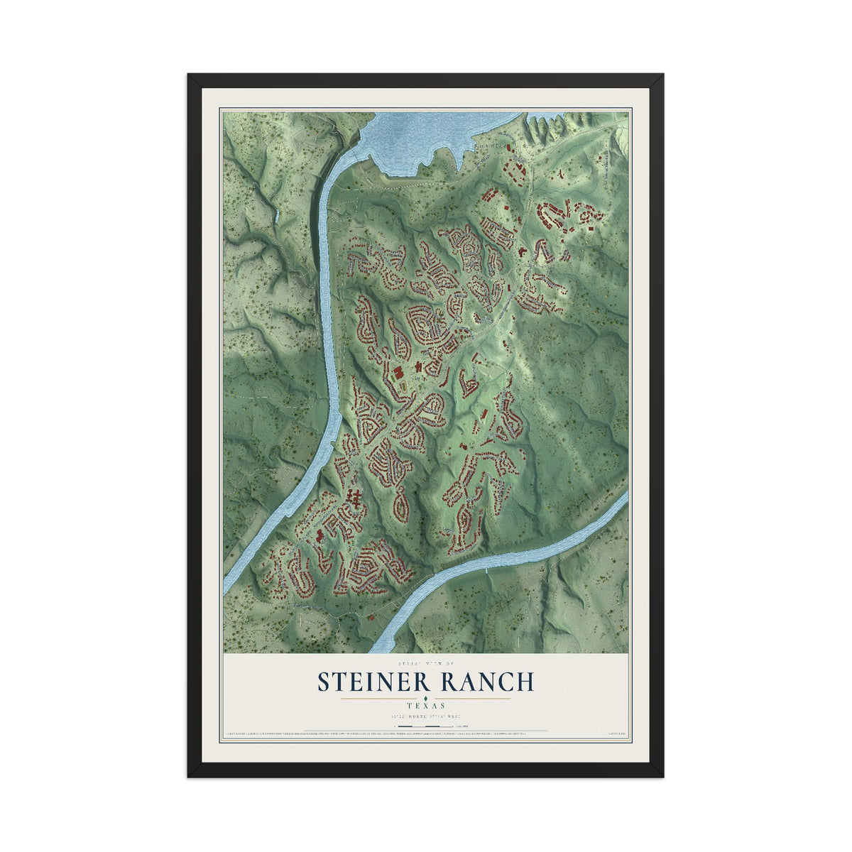 Map of Steiner Ranch, Texas, 12 x 18 inch print in a black wood frame