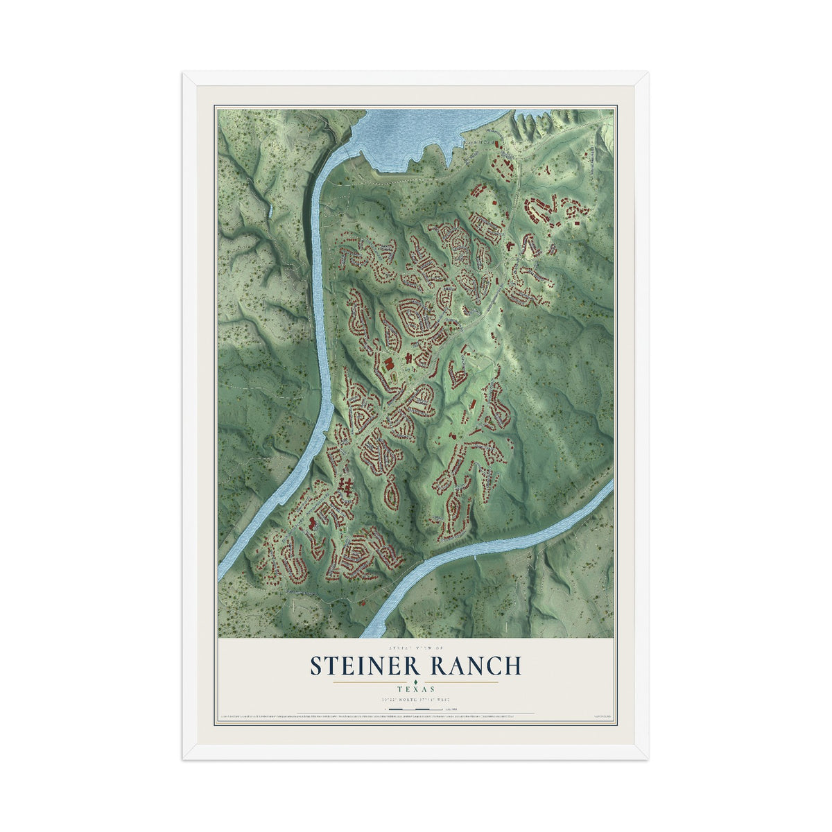 Map of Steiner Ranch, Texas, 12 x 18 inch print in a white wood frame