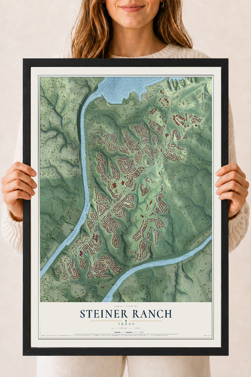 Map of Steiner Ranch, Texas, 18 x 24 inch print in a black wood frame