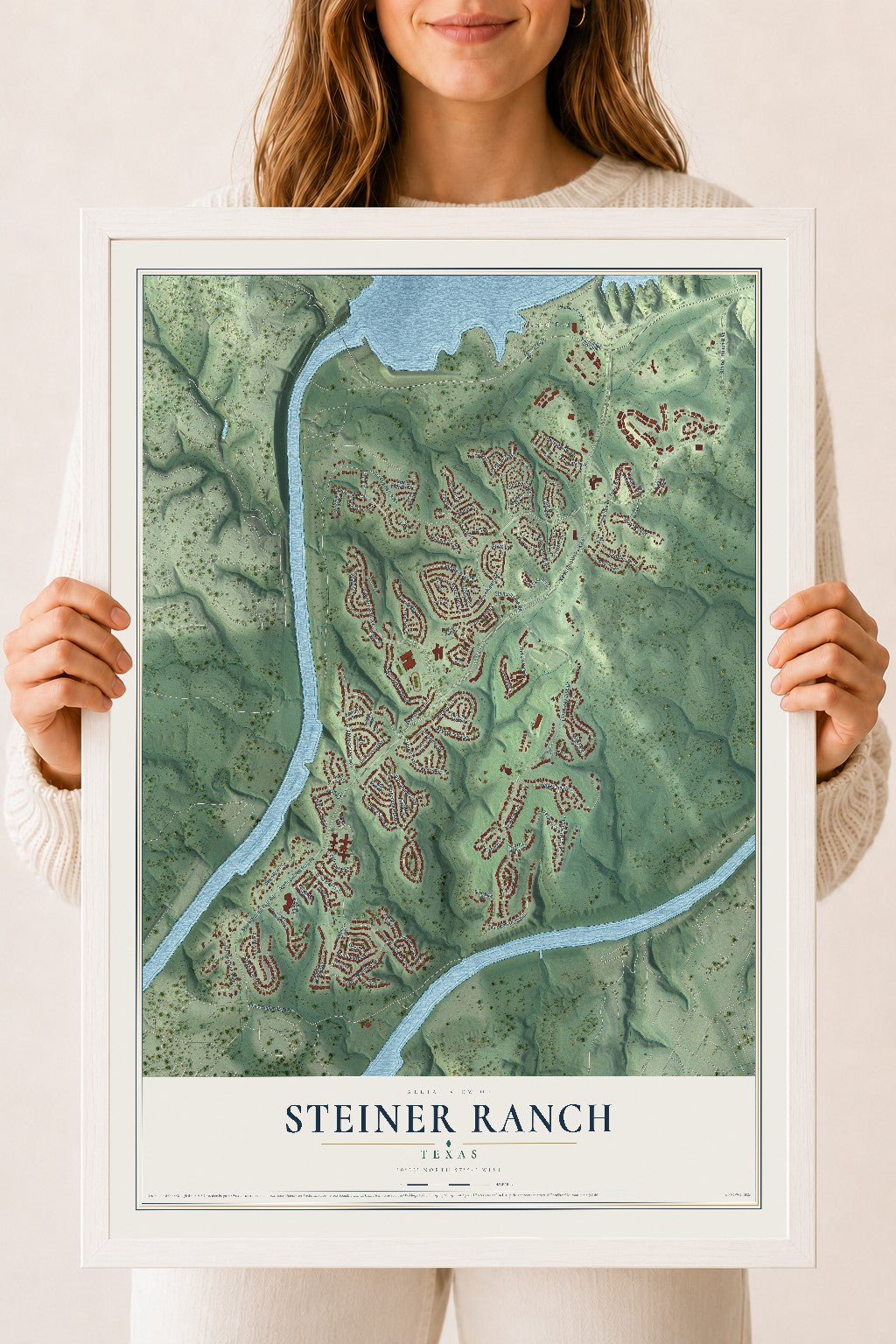 Map of Steiner Ranch, Texas, 18 x 24 inch print in a white wood frame