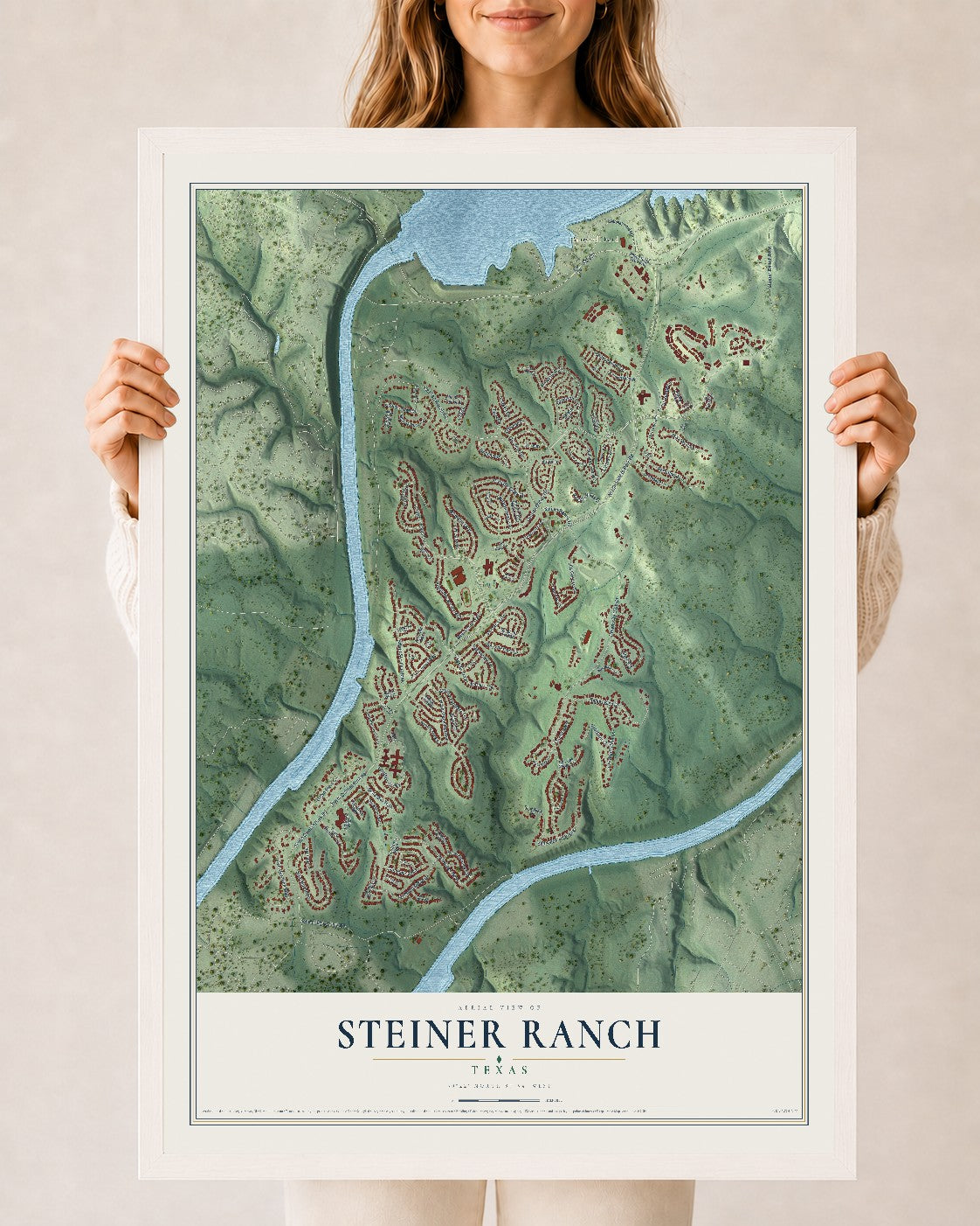 Map of Steiner Ranch, Texas, 24 x 36 inch print in a white wood frame
