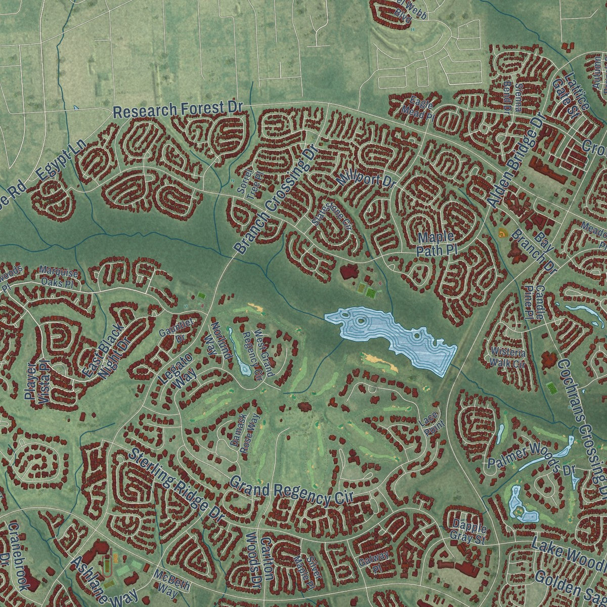Second close-up of the map of The Woodlands, Texas print showing more streets and buildings