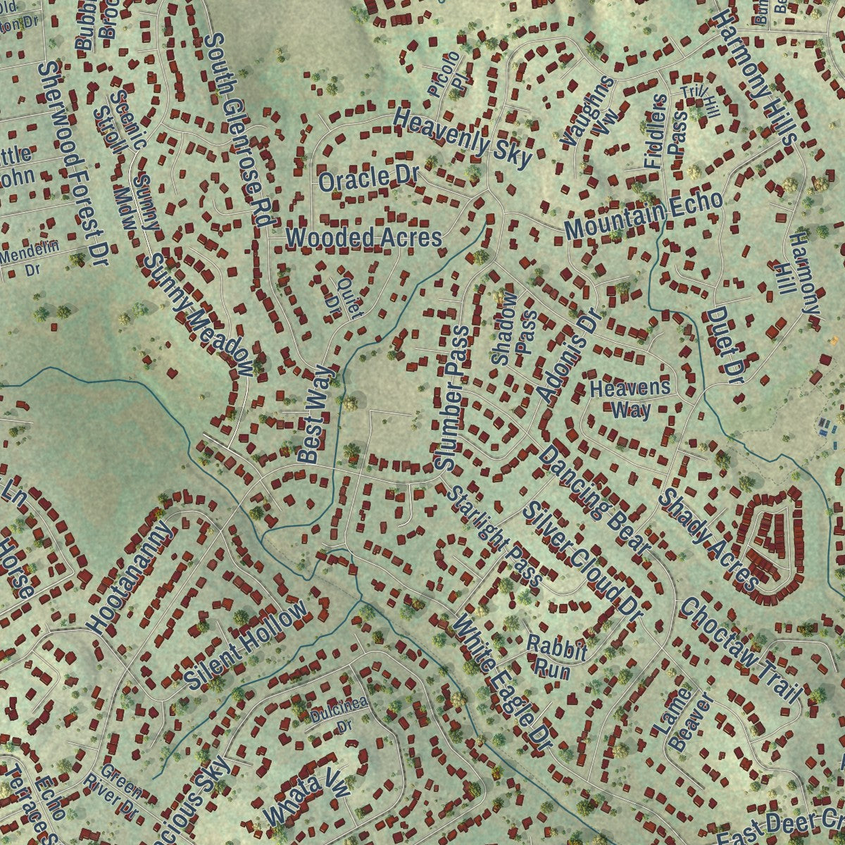 Close-up of the map of Timberwood Park, Texas print showing street and building detail
