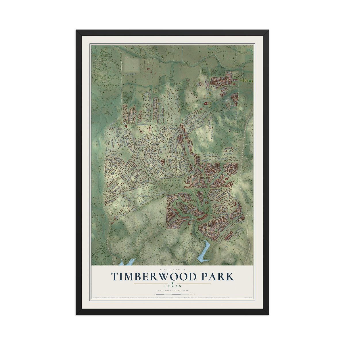 Map of Timberwood Park, Texas, 12 x 18 inch print in a black wood frame