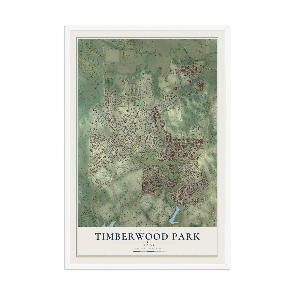 Map of Timberwood Park, Texas, 12 x 18 inch print in a white wood frame