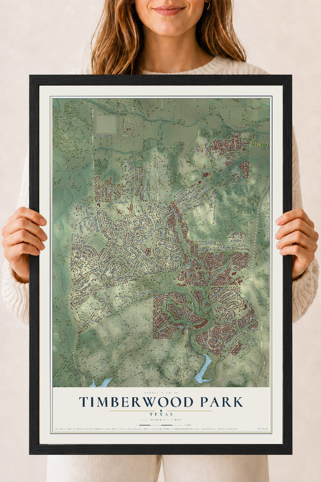 Map of Timberwood Park, Texas, 18 x 24 inch print in a black wood frame