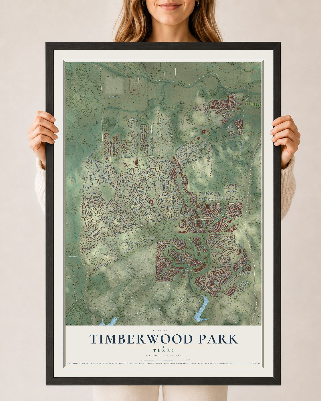 Map of Timberwood Park, Texas, 24 x 36 inch print in a black wood frame