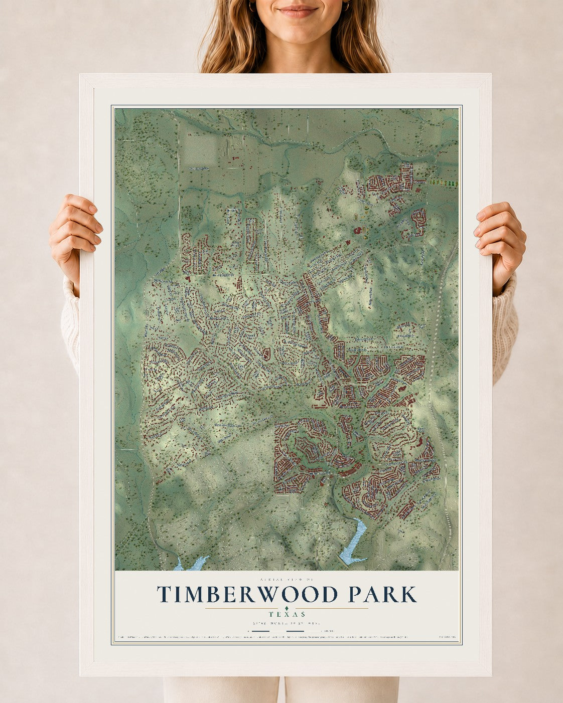 Map of Timberwood Park, Texas, 24 x 36 inch print in a white wood frame