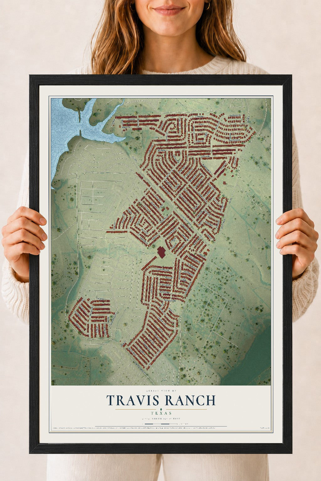 Map of Travis Ranch, Texas, 18 x 24 inch print in a black wood frame