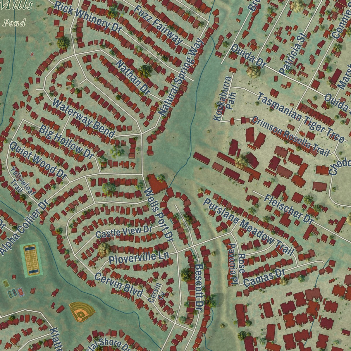 Second close-up of the map of Wells Branch, Texas print showing more streets and buildings