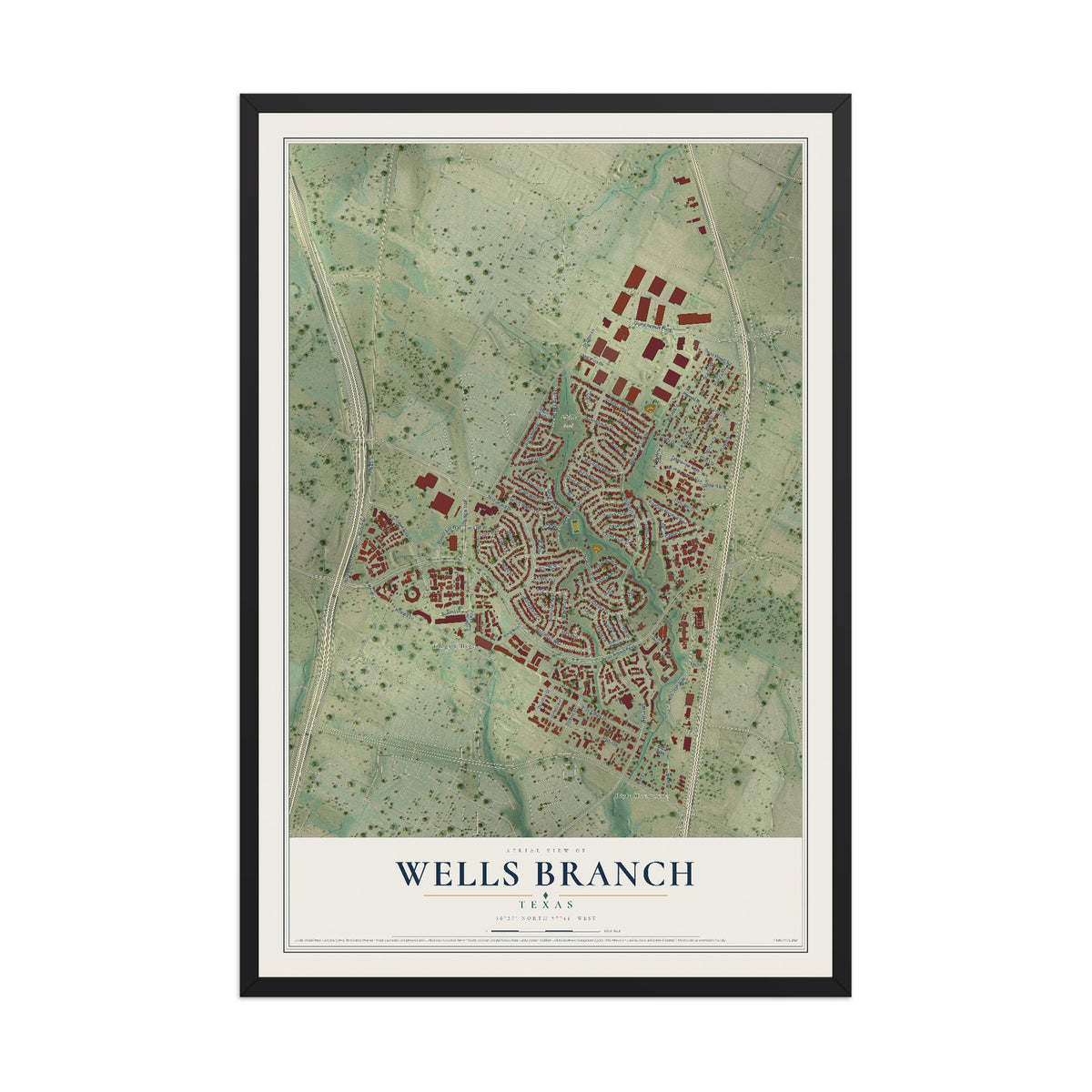 Map of Wells Branch, Texas, 12 x 18 inch print in a black wood frame