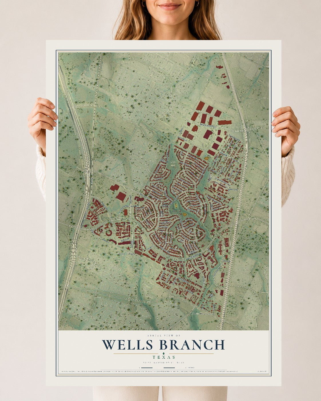 Map of Wells Branch, Texas, 24 x 36 inch unframed archival matte print
