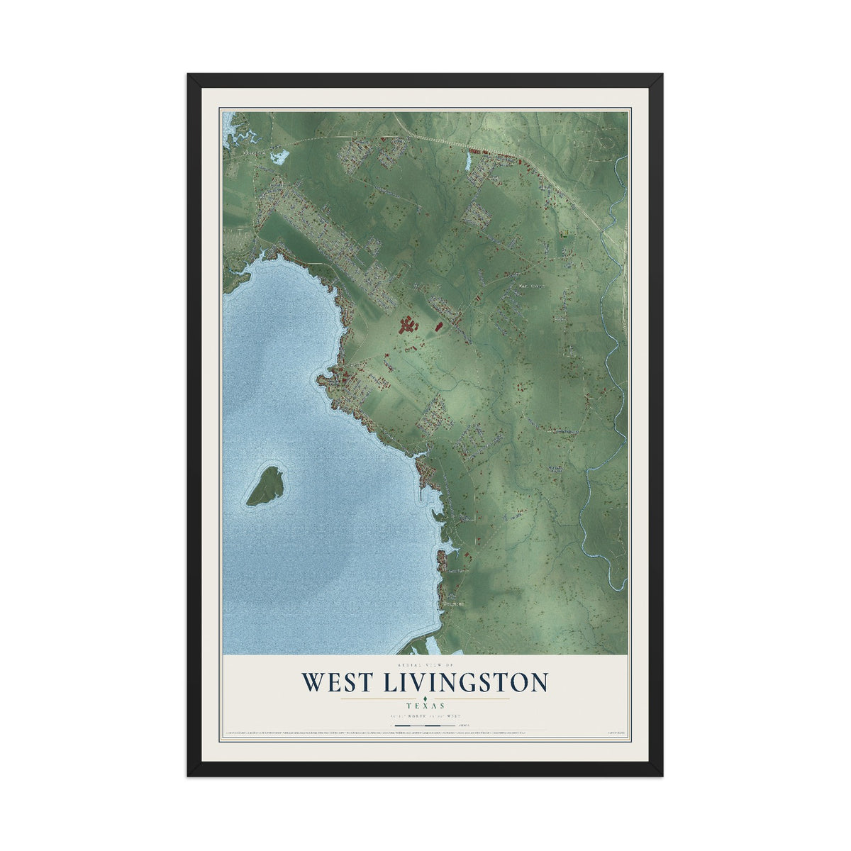 Map of West Livingston, Texas, 12 x 18 inch print in a black wood frame