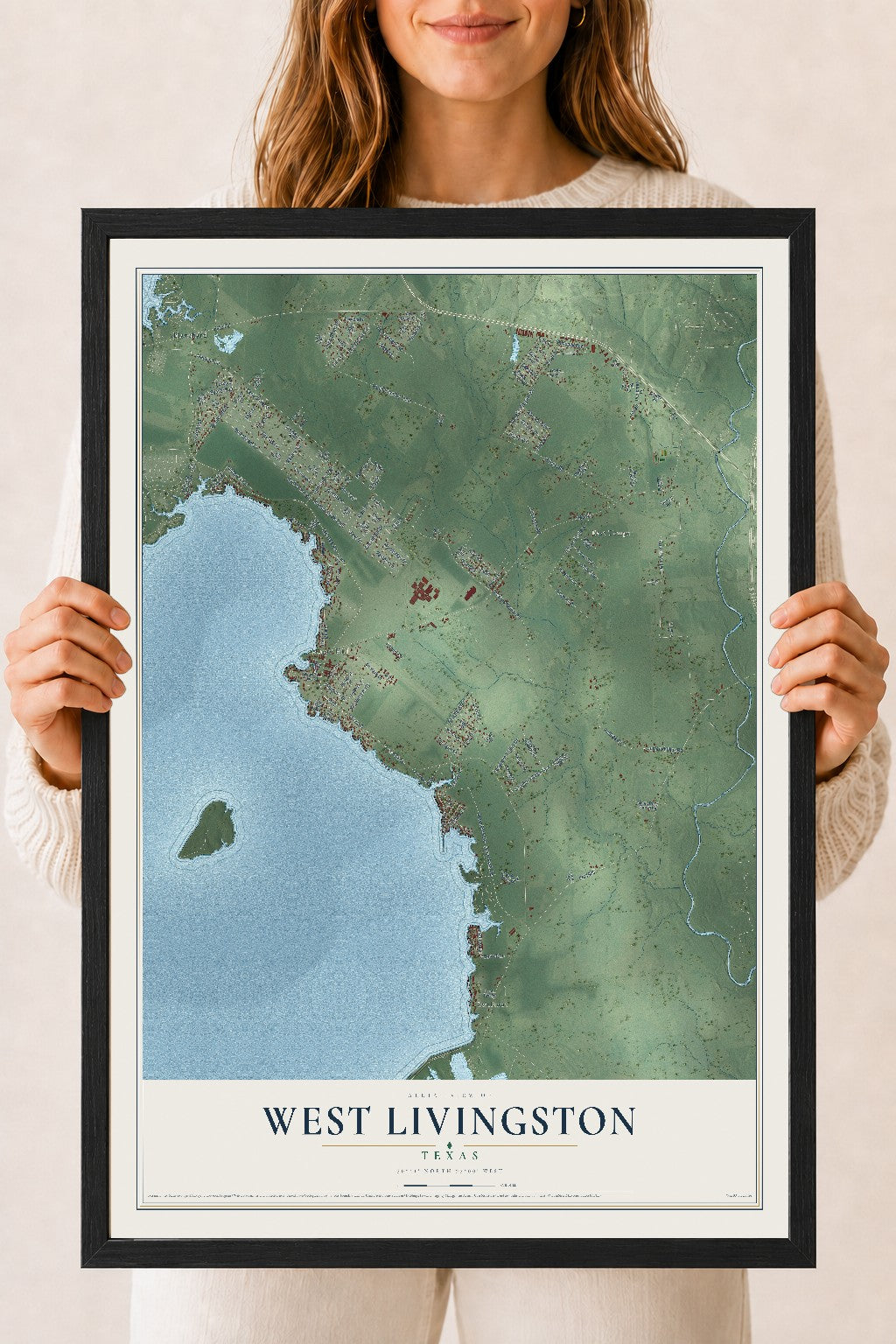 Map of West Livingston, Texas, 18 x 24 inch print in a black wood frame