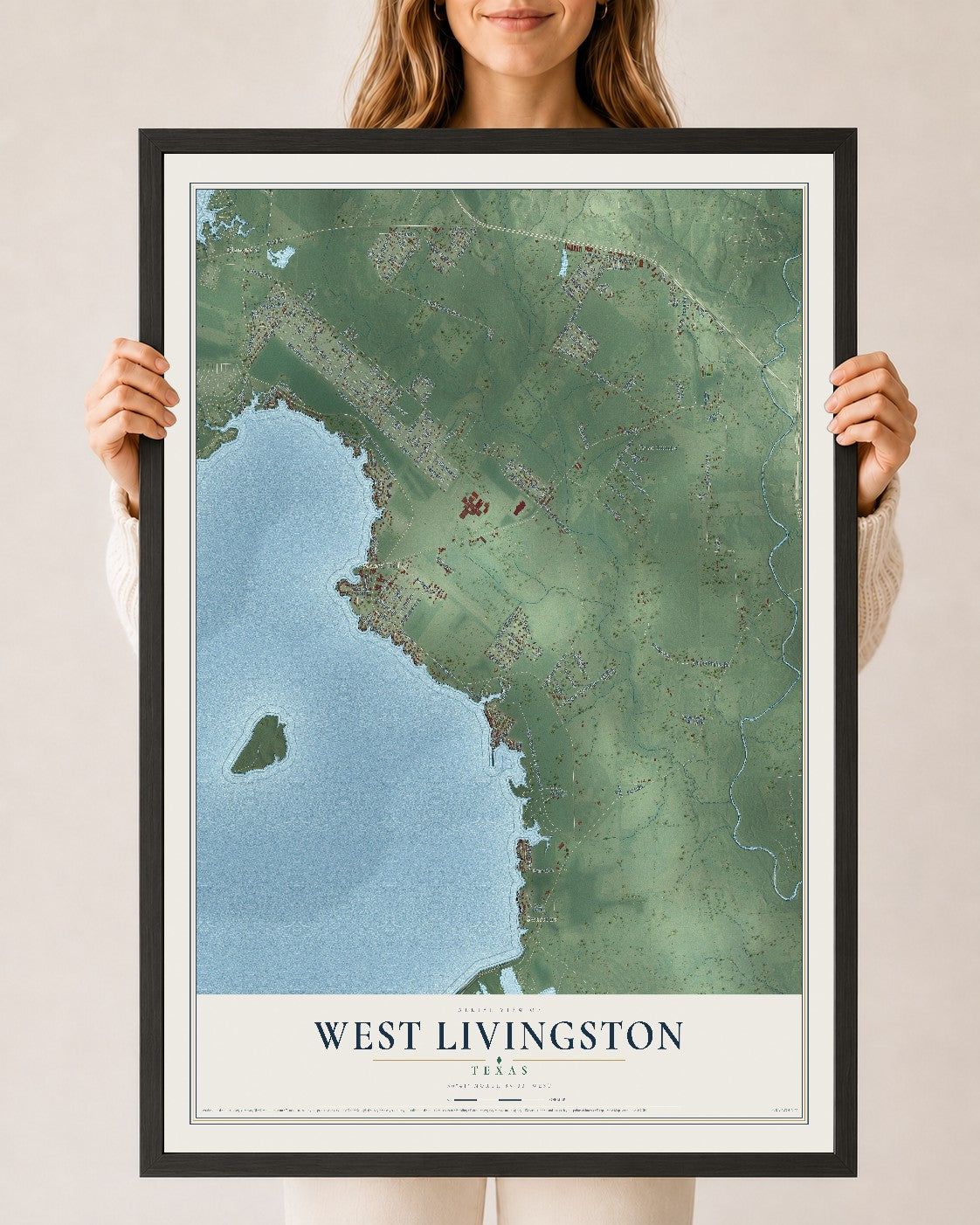 Map of West Livingston, Texas, 24 x 36 inch print in a black wood frame