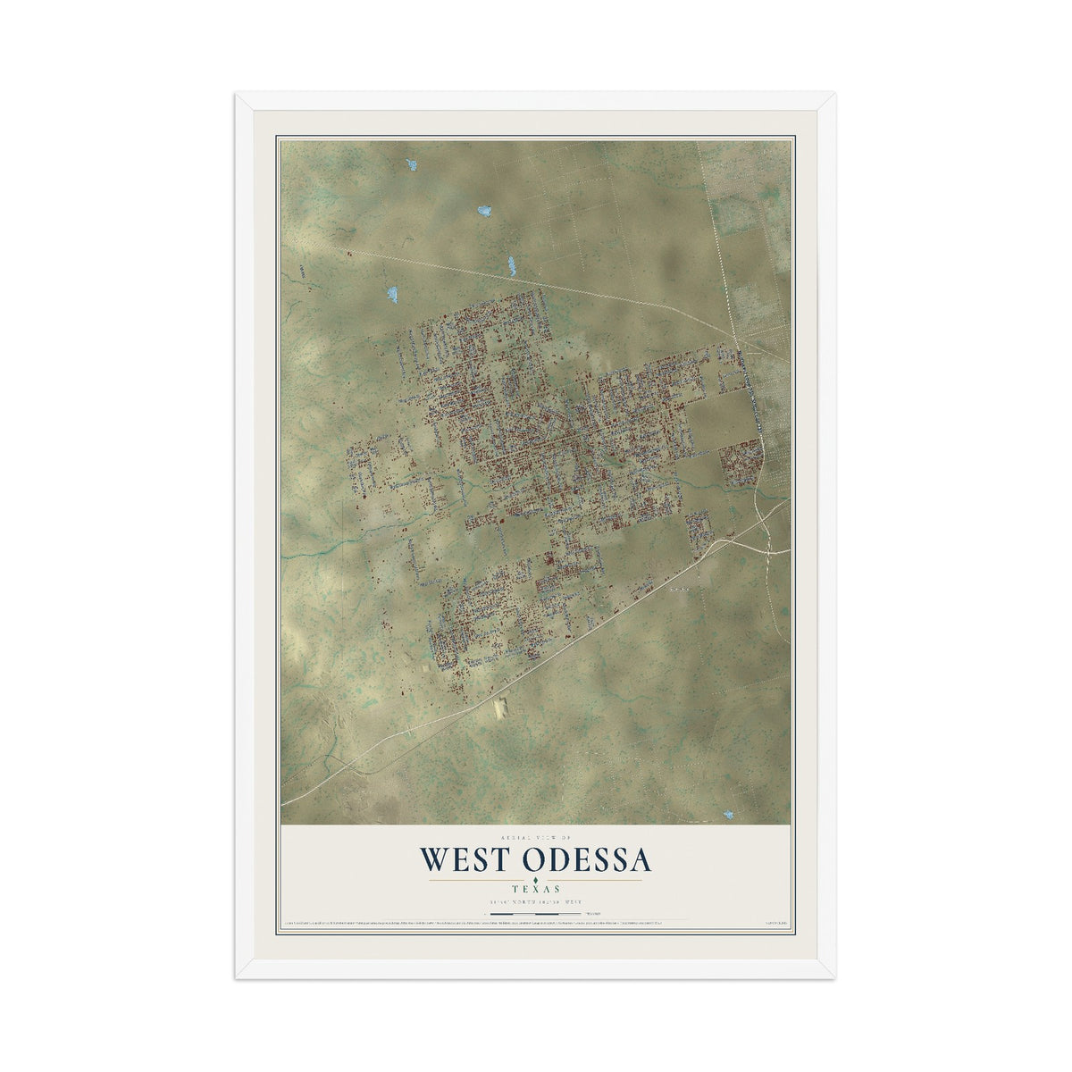 Map of West Odessa, Texas, 12 x 18 inch print in a white wood frame