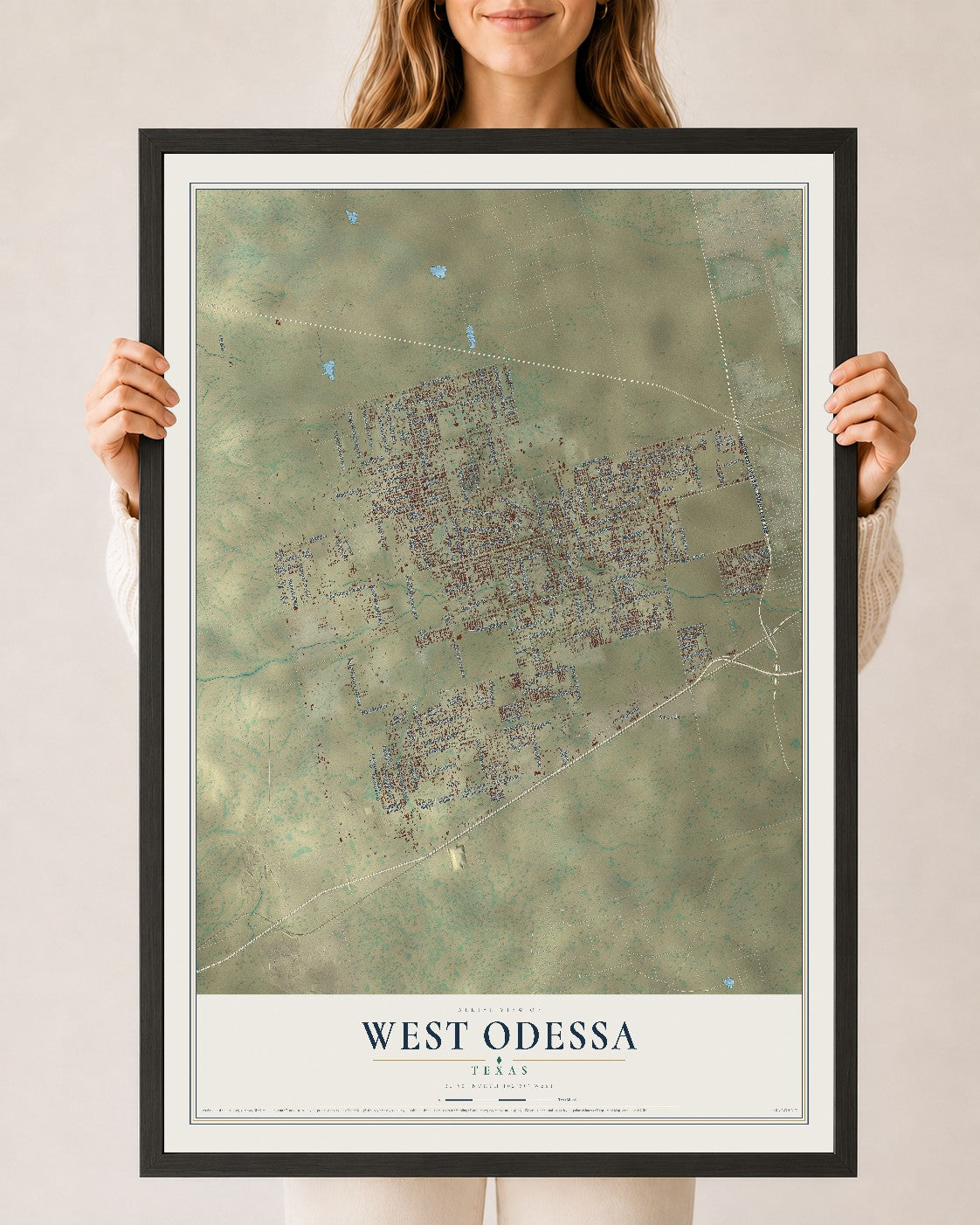 Map of West Odessa, Texas, 24 x 36 inch print in a black wood frame