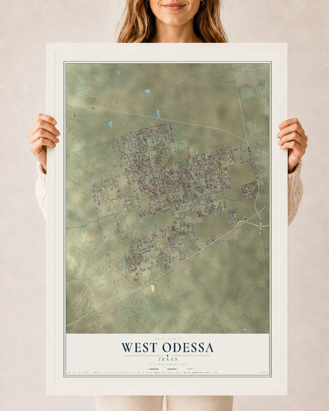 Map of West Odessa, Texas, 24 x 36 inch print in a white wood frame