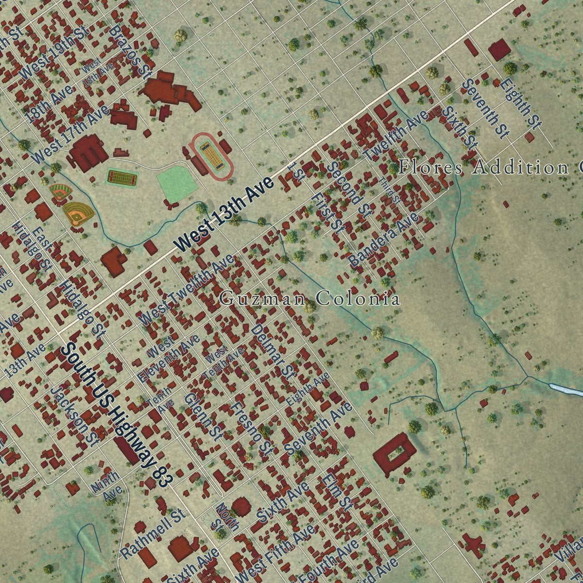 Close-up of the map of Zapata, Texas print showing street and building detail