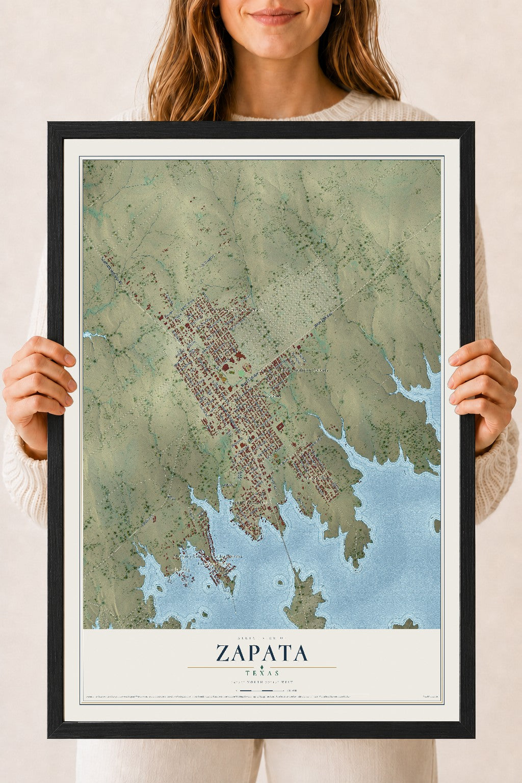 Map of Zapata, Texas, 18 x 24 inch print in a black wood frame