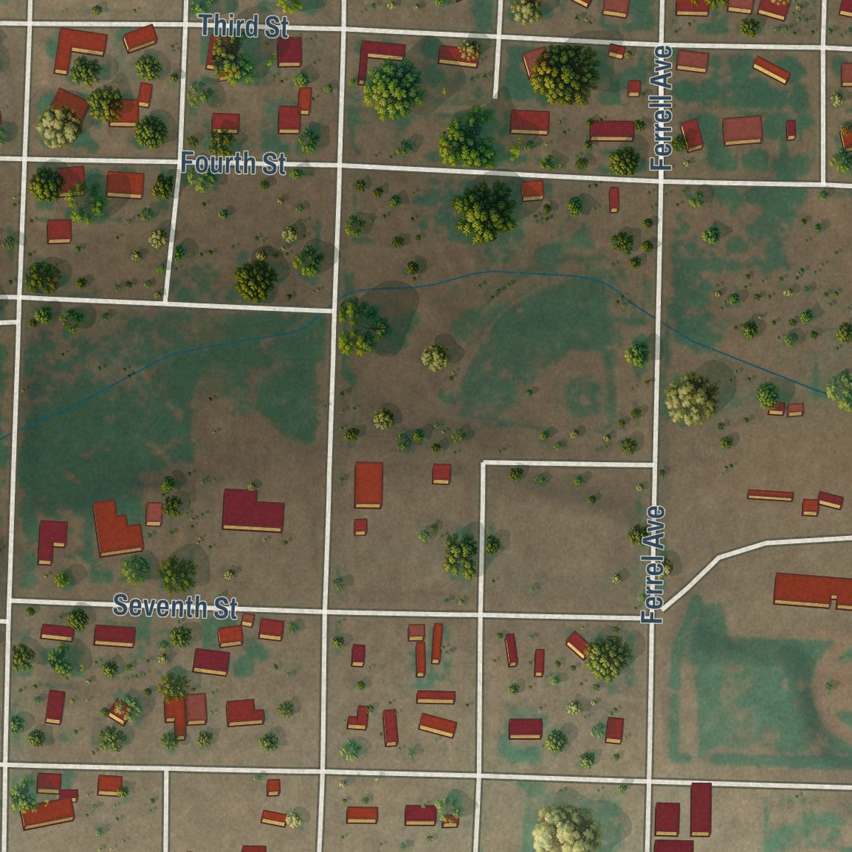 Second close-up of the map of Plains, Texas print showing more streets and buildings