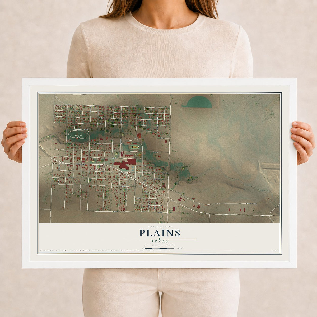 Map of Plains, Texas, 12 x 18 inch print in a white wood frame