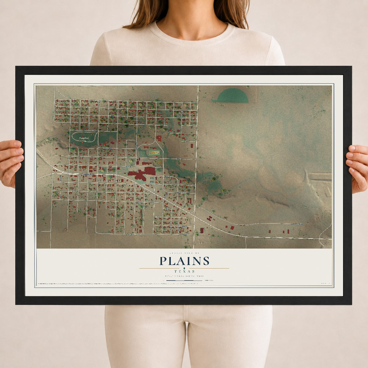 Map of Plains, Texas, 18 x 24 inch print in a black wood frame