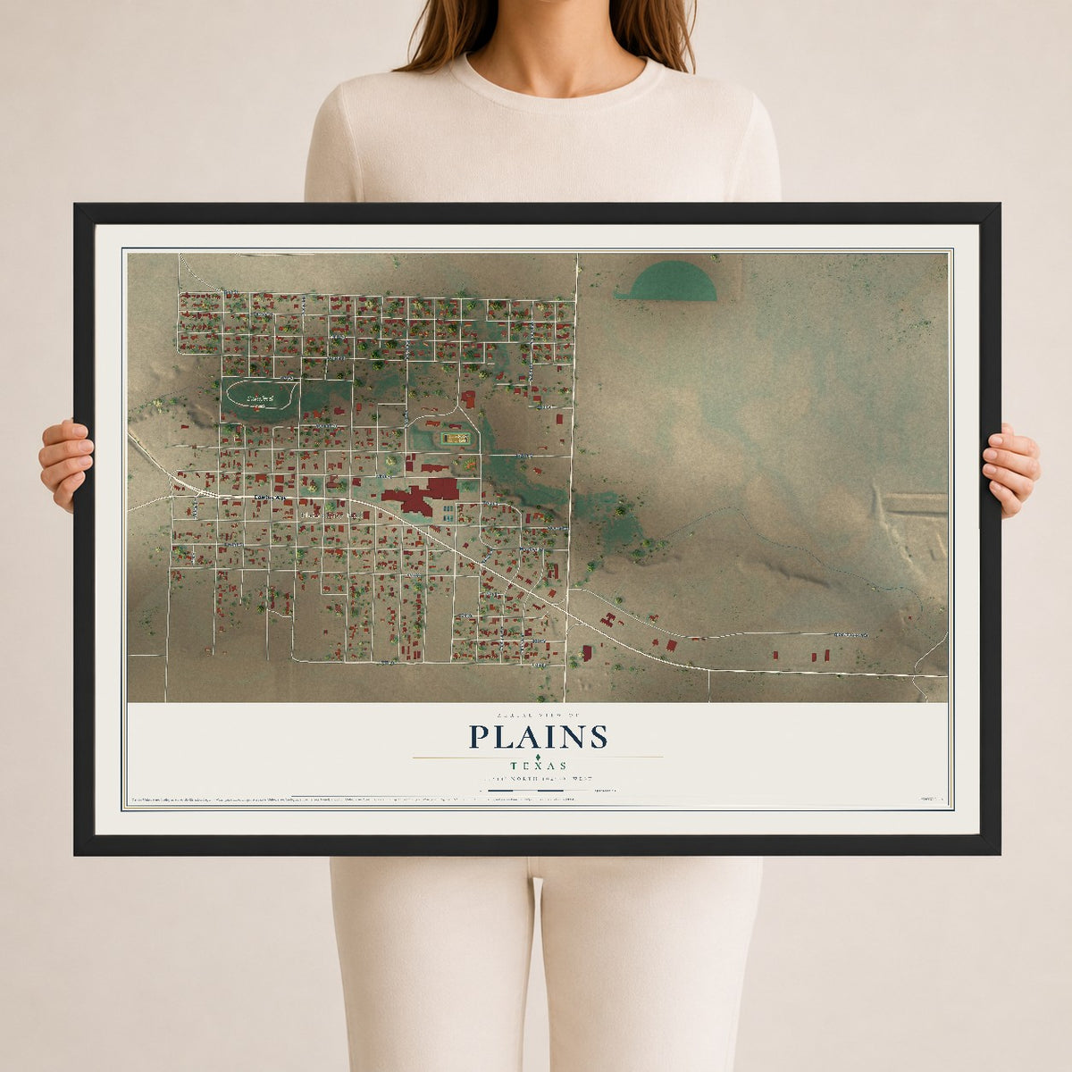 Map of Plains, Texas, 24 x 36 inch print in a black wood frame