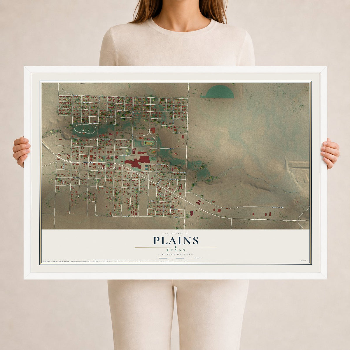 Map of Plains, Texas, 24 x 36 inch print in a white wood frame