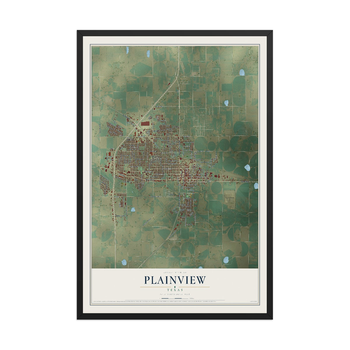 Map of Plainview, Texas, 12 x 18 inch print in a black wood frame