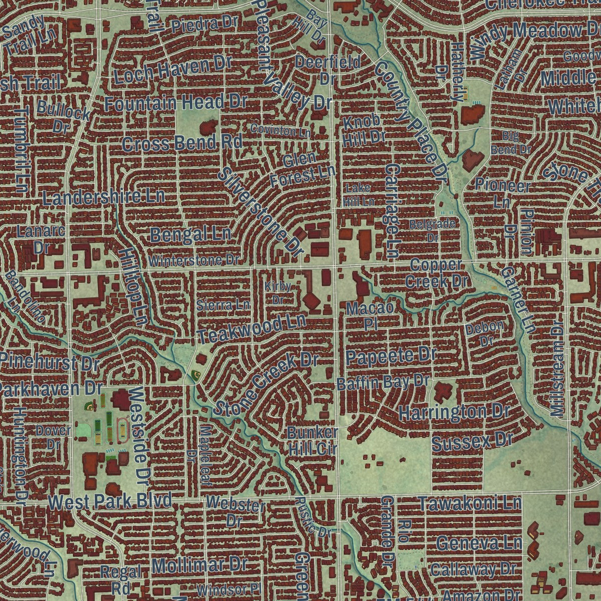 Second close-up of the map of Plano, Texas print showing more streets and buildings
