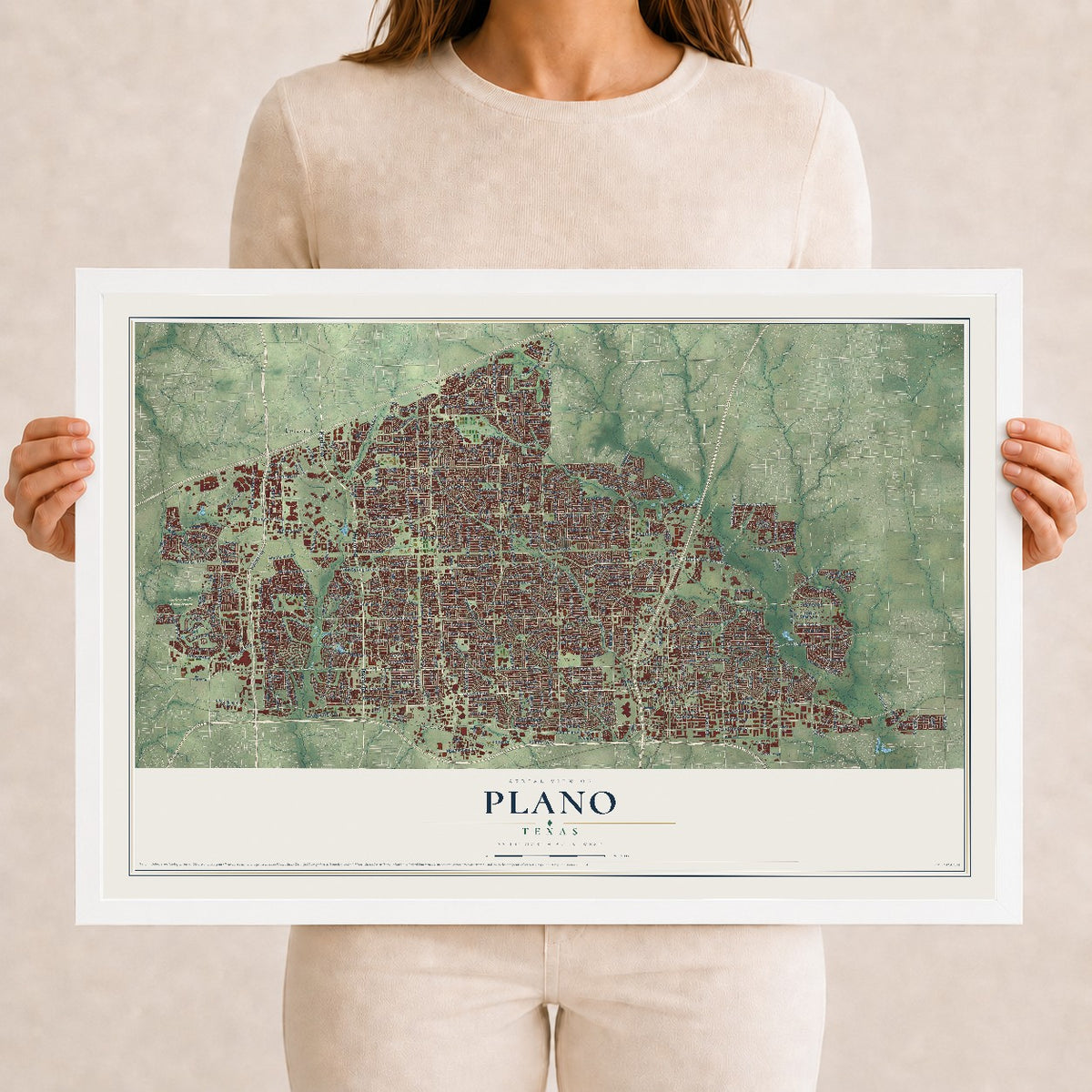 Map of Plano, Texas, 12 x 18 inch print in a white wood frame