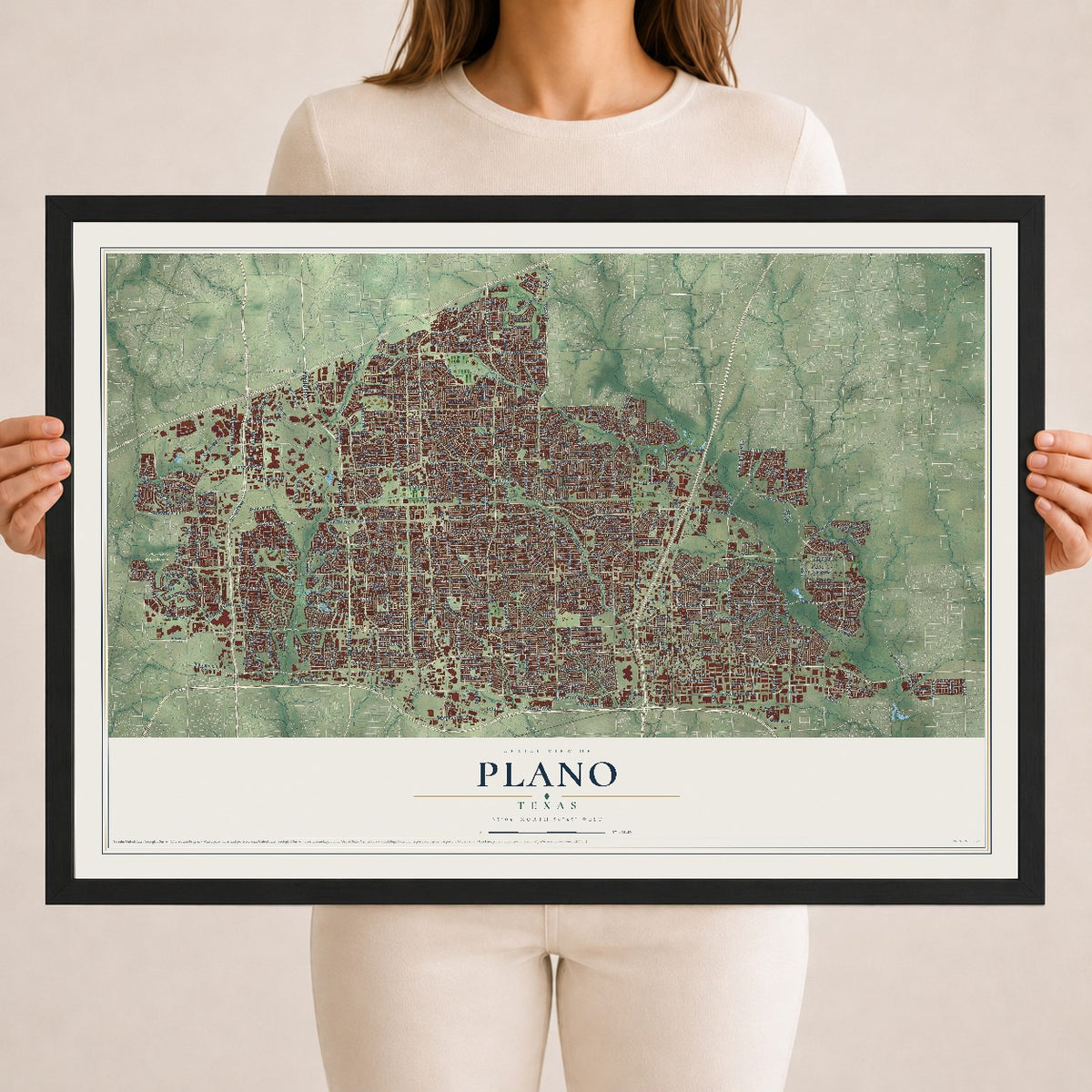 Map of Plano, Texas, 18 x 24 inch print in a black wood frame