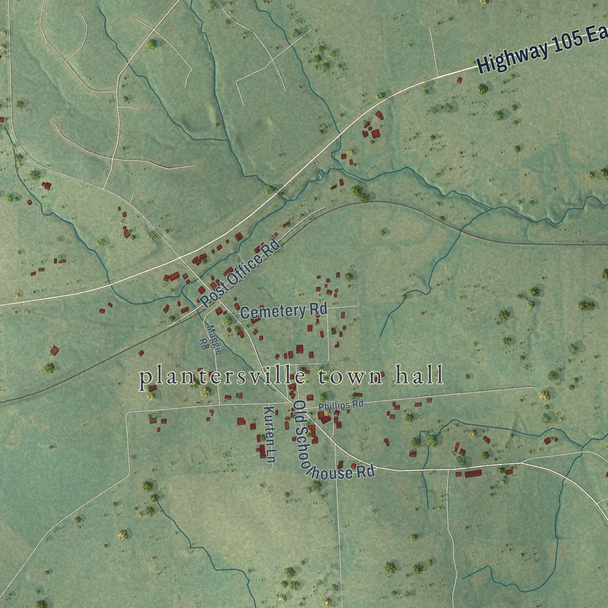 Close-up of the map of Plantersville, Texas print showing street and building detail