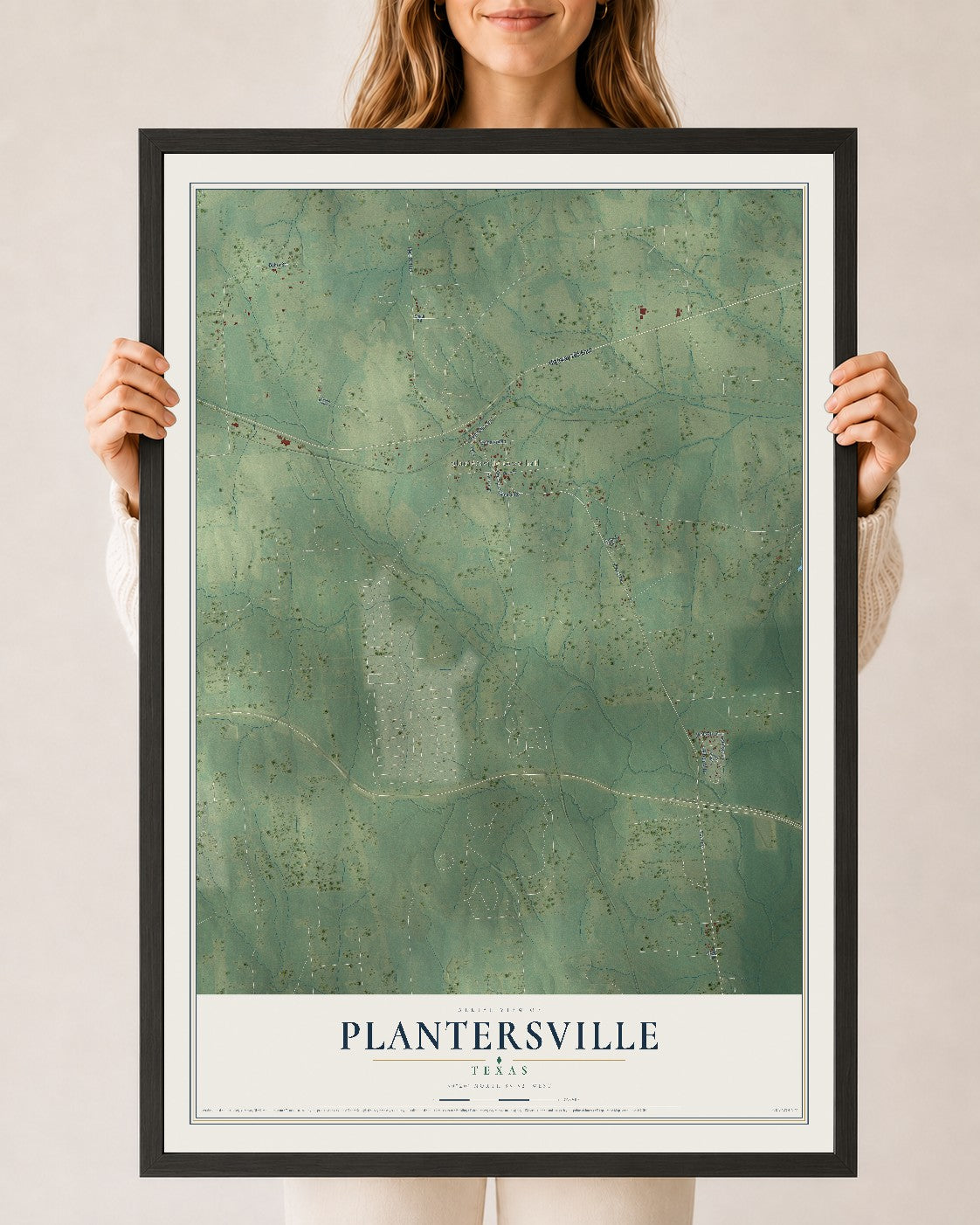 Map of Plantersville, Texas, 24 x 36 inch print in a black wood frame