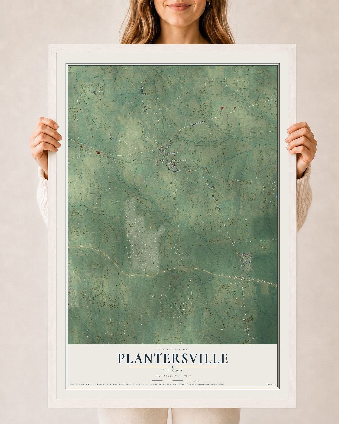 Map of Plantersville, Texas, 24 x 36 inch print in a white wood frame