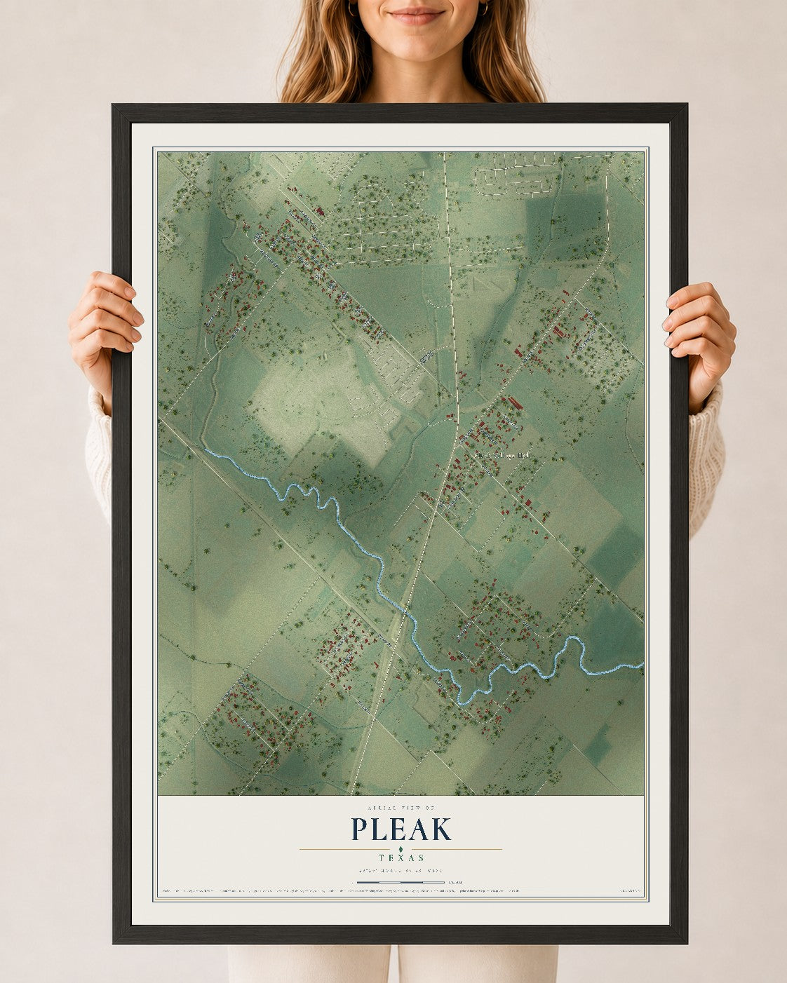 Map of Pleak, Texas, 24 x 36 inch print in a black wood frame